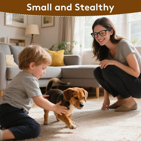 Woman wearing Meta smart glasses playing with child and dog indoors