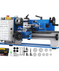 Badass Mini Metal Lathe 7X12 Inch Bench Top Machine With 550W Variable Speed Motor 2250RPM side view with tools included.