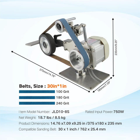 750W Variable Speed Belt Grinder Sander With VFD Control And 2 Molds showing a detailed metal frame and sanding belts in various grits.