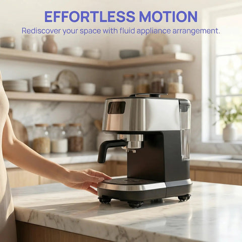 Coffee maker on countertop with Self Adhesive Mini Caster Wheels For Appliances 8 Pack, Appliance Rollers for easy access and space saving.