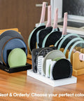 Expandable Bamboo Pots And Pans Organizer Under Cabinet With Adjustable Lids Rack For Bakeware Cutting Boards And Cookie Sheets Kitchen Tray Storage In Natural Finish showing pots, pans, and lids organized neatly.