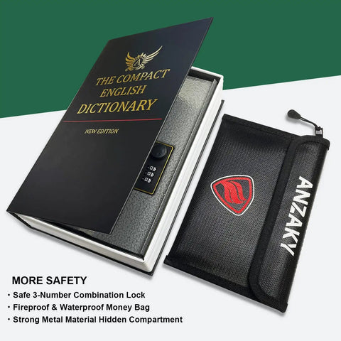 Book Safe Dictionary Diversion With Combination Lock And Fireproof Money Bag, black metal dictionary safe and money bag