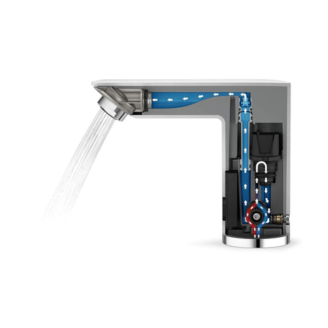 Cross-section view of Baucosmopolitan E Touchless Electronic Faucet With Temperature Control Lever Battery Powered Hands Free Infrared Sensor Water On Off For Kitchen Or Bath, 60 Second Auto Shutoff, Easy Install, Water Saving Convenience.