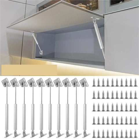 Dual Tension 80N And 100N Pneumatic Gas Strut Lift Hinges for cabinets, showing soft close and concealed upward opening