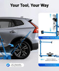 Dent Repair Puller Kit With 1763 Lbs Pulling Power showing adjustable height and retractable base next to a car wheel arch.