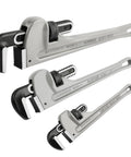 Aluminum Pipe Wrench Set For 10 Inch 14 Inch And 18 Inch Pipes With 1 Inch 2 Inch And Two And A Half Inch Jaw Capacity Lightweight Straight Plumbing Wrenches For Easy Grip And Durable Pipe Repairs, showing three wrenches on white background.