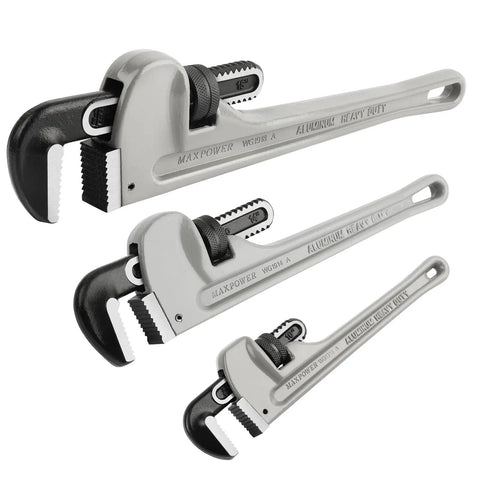 Aluminum Pipe Wrench Set For 10 Inch 14 Inch And 18 Inch Pipes With 1 Inch 2 Inch And Two And A Half Inch Jaw Capacity Lightweight Straight Plumbing Wrenches For Easy Grip And Durable Pipe Repairs, showing three wrenches on white background.