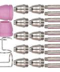 Top Tier Plasma Cutter Consumables Kit With Ag60 And Sg55 Nozzles Electrodes, includes silver nozzles and pink cap for precision cutting.