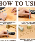 Instructions showing how to use Leather Stamping Kit With 26 Capital Letter Stamps And 1 Stamping Handle For Leather Craft.