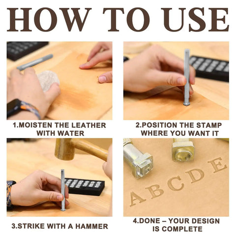 Instructions showing how to use Leather Stamping Kit With 26 Capital Letter Stamps And 1 Stamping Handle For Leather Craft.
