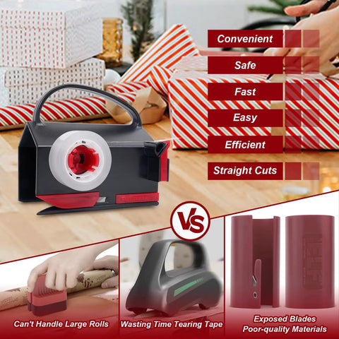 Two In One Wrapping Paper Cutter And Tape Dispenser All In One Wrapping Station No Fuss With Four Tape Refills And Two Blades For Quick Easy Gift Wrapping Ideal For Parties And Holidays Making Gift Wrapping Fast Clean And Fun. black plastic cutter and tape dispenser on wrapped gifts