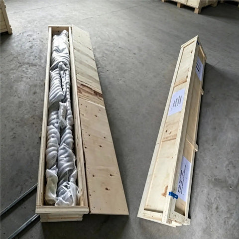 6 Meter Telescopic Aluminum Tripod Mast With Smooth Manual Winch Crank Lifting packed in a wooden crate, protected for shipping.