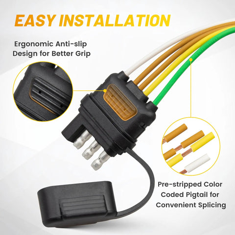 4 Pin 5 Wire Trailer Wiring Harness 18 Inch Replacement Kit With 16AWG Pure Copper Conductors And Y Split Design For Utility Boat ATV UTV Trailers Flat 4 Pin Plug Rewire Or Replace Worn Trailer Lights showing connector and anti-slip grip