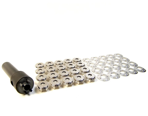 Top Shelf Lift The Dot Fastener Socket And Clinch Plate Set Comes With A Heavy Duty Hand Held Punch Tool For Marine Grade Nickel Brass Hardware laid out on a white background.