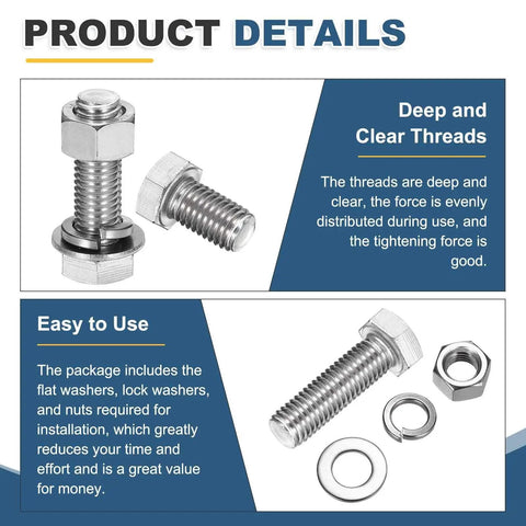 Built Tough M3 X 6mm 304 Stainless Steel Hex Head Screws Plus Bolts Assortment Kit With Nuts Flat Lock Washers, showing bolts and nuts.