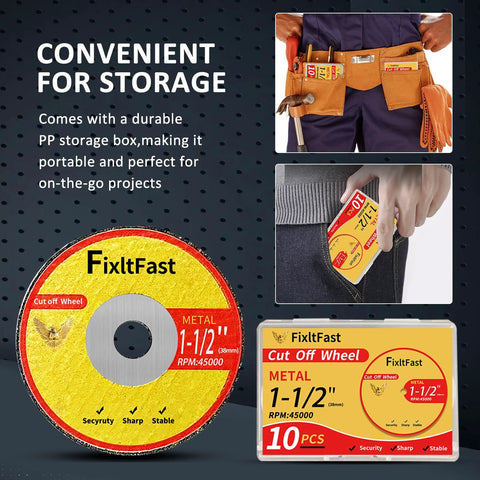 FixltFast metal cut-off wheel, 1-1/2 in diameter, fiberglass reinforced, 11-pack with mandrels (front view).