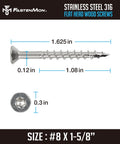 FastenMon #8x1-5/8 marine grade 316 stainless steel flat-head deck screws with T20 bit