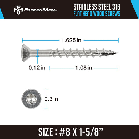 FastenMon #8x1-5/8 marine grade 316 stainless steel flat-head deck screws with T20 bit