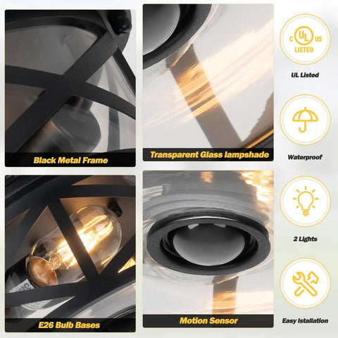 Close-up of Kickass Motion Sensor Outdoor Ceiling Light Black Flush Mount showing black metal frame and transparent glass lampshade.