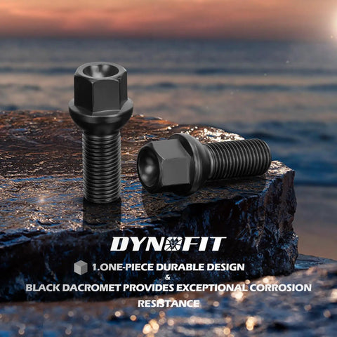 M14x1.5 Lug Bolts Set For Audi And Volkswagen OEM Rims 20 Pieces 28mm Shank shown on rock, black finish