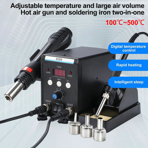 2 In 1 Soldering Station With Hot Air Rework And Soldering Iron Kit Pro Grade Digital Display SMD Repair Tool Includes 3 Nozzles 5mm 8mm 10mm
