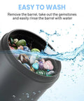 Ultra Quiet Rock Tumbler Kit With Noise Reduction Cover, 3 Speed Rock Polisher barrel with colorful stones being rinsed.