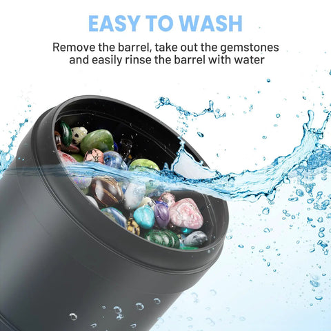 Ultra Quiet Rock Tumbler Kit With Noise Reduction Cover, 3 Speed Rock Polisher barrel with colorful stones being rinsed.