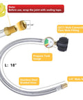 Stainless Steel Braided 18 Inch RV Propane Hose With Gauge Pack Of Two For Standard Two Stage Regulator Fittings One Quarter Inch NPT To QCC1 Quick Connect CSA Certified For Camper, Grill And Outdoor Use, showing hose with gauge and connectors.