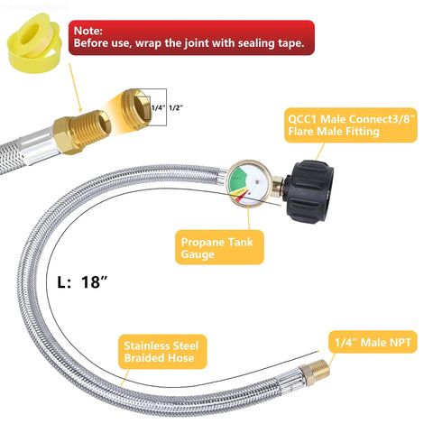 Stainless Steel Braided 18 Inch RV Propane Hose With Gauge Pack Of Two For Standard Two Stage Regulator Fittings One Quarter Inch NPT To QCC1 Quick Connect CSA Certified For Camper, Grill And Outdoor Use, showing hose with gauge and connectors.