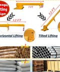 Heavy Hitter 6600Lb Telescopic Forklift Boom Attachment With Dual Hooks And Pivoting Jib Extends To 12 Ft Reach showing horizontal and tilted lifting options.