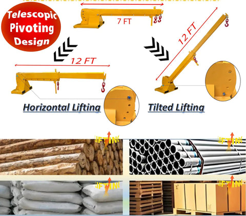 Heavy Hitter 6600Lb Telescopic Forklift Boom Attachment With Dual Hooks And Pivoting Jib Extends To 12 Ft Reach showing horizontal and tilted lifting options.