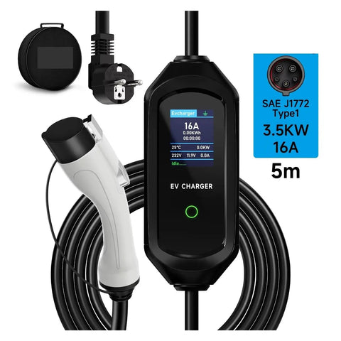Grab And Go Portable 3.5KW 16A Type 1 SAE J1772 EVSE Fast Charging Cable with a digital display and 5m long cable.