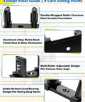 Three-Roller Adjustable Sliding Closet Door Floor Guide Upgrade Kit Bottom Mount For Bypass Double Bypass And Barn Doors One Pack Provides Ultra Smooth Gliding And Edge Protection For Door Panels, shown with features highlighted, including aluminum alloy matte finish and roller design.