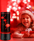 Lava Lamp Style Night Light With 16 Color Changing RGB LEDs next to a smiling child in festive setting with warm lighting.