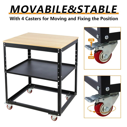 Badass Heavy Duty Rolling Planer Stand With Solid Steel Frame And Five Hundred Pound Lifting Capacity For Smooth Caster Movement And Flexible Power Tool Organization In Every Workshop with sturdy wooden top and locking swivel casters.
