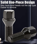 M14x1.5 28mm Shank Wheel Lug Bolts With 17mm Hex Conical Acorn Seats, Complete 20 Piece High Strength Hardware Kit angled view with solid black finish.