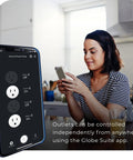 Woman using smartphone app to control Wi Fi Smart Surge Protector Power Strip Featuring Four Independently Controlled Grounded Outlets.