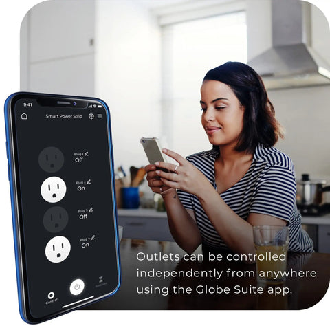 Woman using smartphone app to control Wi Fi Smart Surge Protector Power Strip Featuring Four Independently Controlled Grounded Outlets.