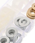 120 Pieces M10 Flat Washer Assortment Kit With Nylon, Brass, And Zinc Plated Steel Washers For Household And Industrial Fasteners, Gasket O Ring Design Prevents Leaks, Durable Spacers For Screws, Decks, And Mechanical Equipment. assorted washers in a storage case
