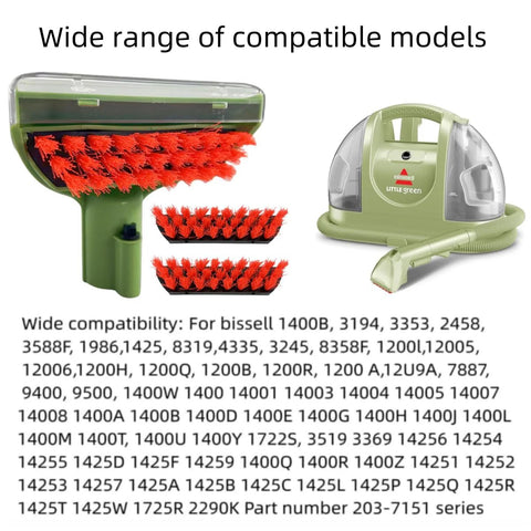 Little Green Machine handheld cleaner in green with detachable red-bristle brush heads (2) and hose