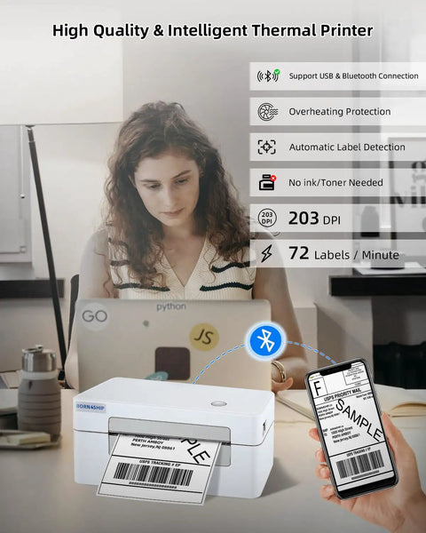 Bluetooth 4x6 Thermal Shipping Label Printer Workhorse For Small Business, Wireless Label Printer in office setting.