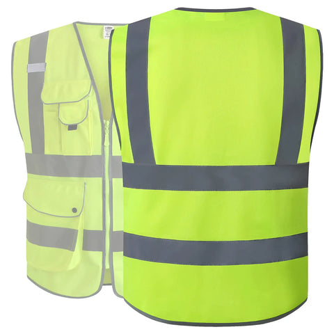 Worksite Ready Class 2 High Visibility Safety Vest With Zipper Front And 9 Pockets Neon Yellow Reflective Strips 3XL polyester