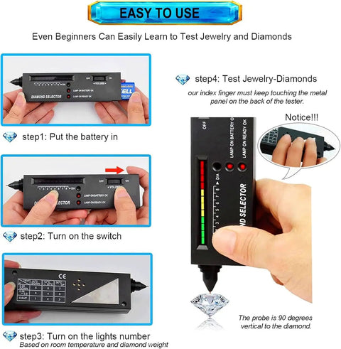 High Accuracy Diamond Tester Pen With LCD Display And LED Indicator, Pro Grade Diamond Selector For Pros And Hobbyists, Quickly Detect Real Diamonds With Green Light Signal, Battery Powered 9V, Eco Friendly And Easy To Use, hands holding tester