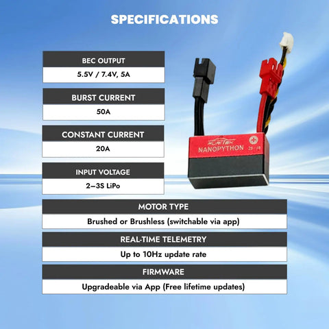 Specifications of NanoPython 20A/50A Brushed And Brushless ESC With Built In Wireless Tuning Module For 1/18, 1/24, 1/30, 1/32 RC Crawlers