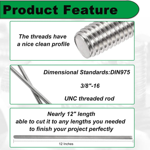 Two 3/8-16 UNC stainless steel fully threaded rods, 12 inches long.