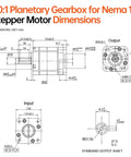 YEJMKJ 50:1 planetary gearbox for Nema 17 stepper motor; CAD-style drawing with dimensions and output shaft.