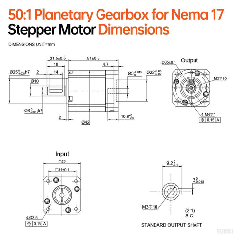 YEJMKJ 50:1 planetary gearbox for Nema 17 stepper motor; CAD-style drawing with dimensions and output shaft.