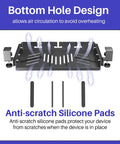 Sliding Under Desk Laptop Mount No Drill Setup With Slick Metal Storage Shelf For Grab And Go Access and Hidden Workspace Saver showing bottom hole design for air circulation.