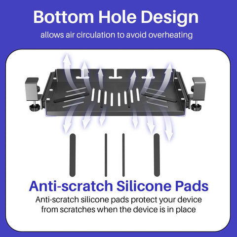 Sliding Under Desk Laptop Mount No Drill Setup With Slick Metal Storage Shelf For Grab And Go Access and Hidden Workspace Saver showing bottom hole design for air circulation.
