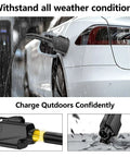 Nacs To Ccs Adapter For Electric Vehicles Providing Zero Stress Plug And Go Supercharger Access With Badass Build Quality And Reliable 500 Amp Dc Fast Charging That Keeps You Rolling Smoothly Everywhere charging in rain.